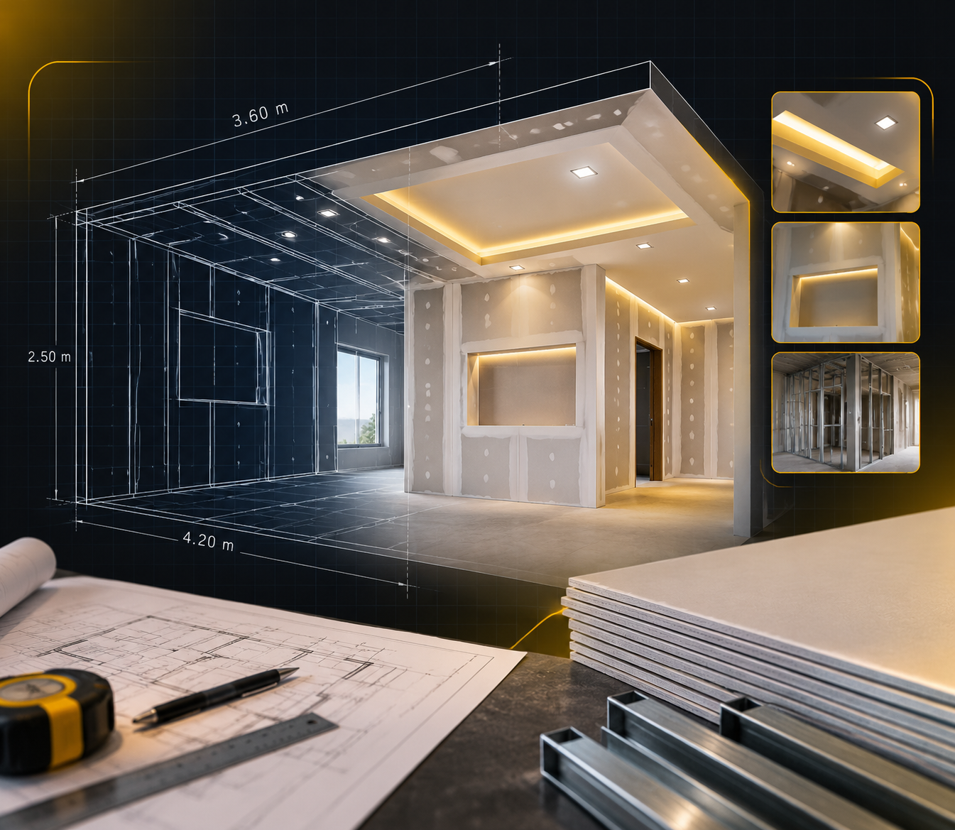 Ambiente moderno com forro rebaixado, sanca iluminada e painel em drywall