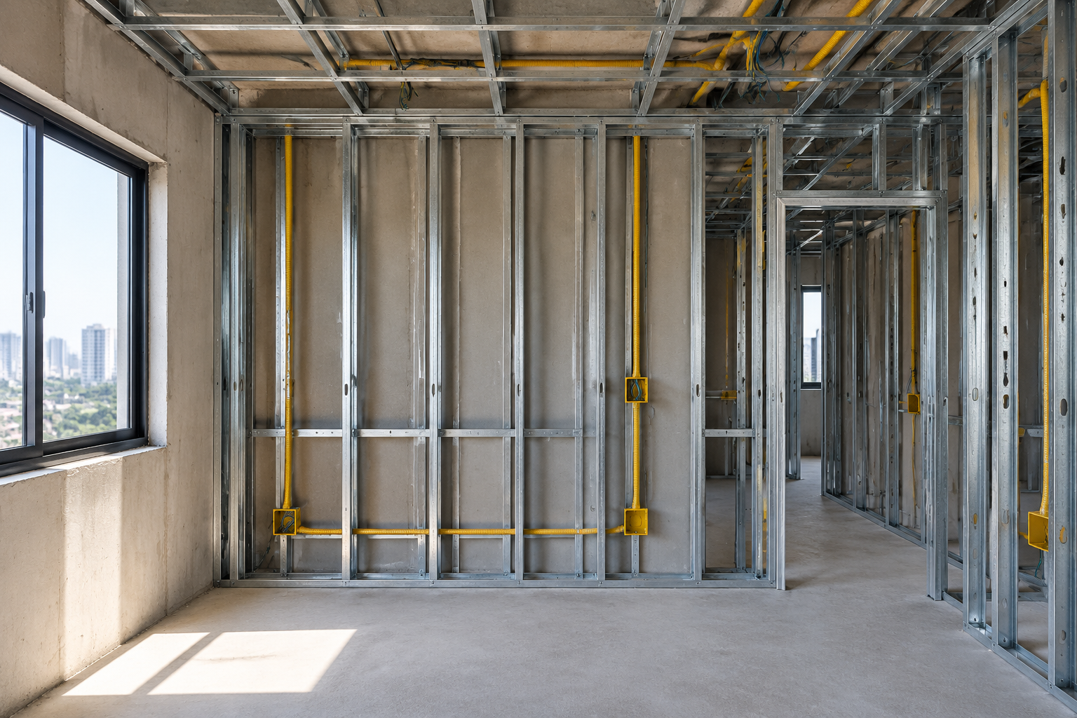Montagem da estrutura de perfis metálicos e colocação das placas de drywall