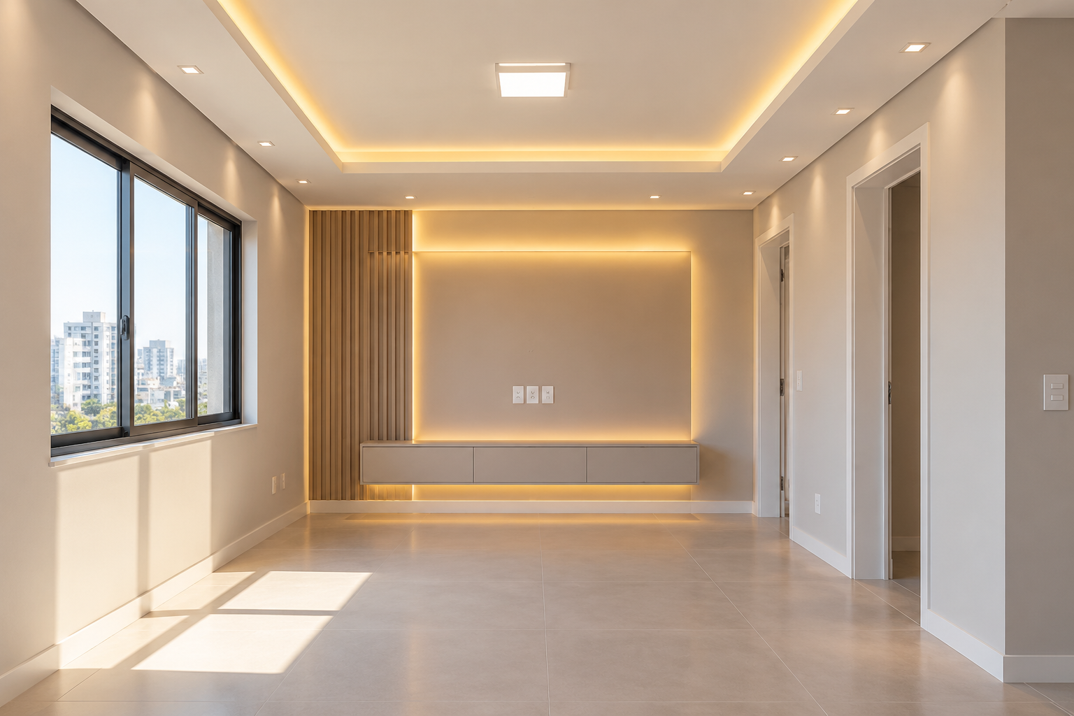 Ambiente finalizado com acabamento em drywall, nichos e iluminação
